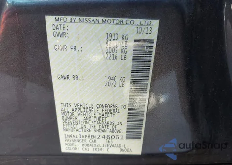 2014 Nissan Altima 2.5 Sl z USA, uszkodzony, nr VIN 1N4AL3AP8EN246061